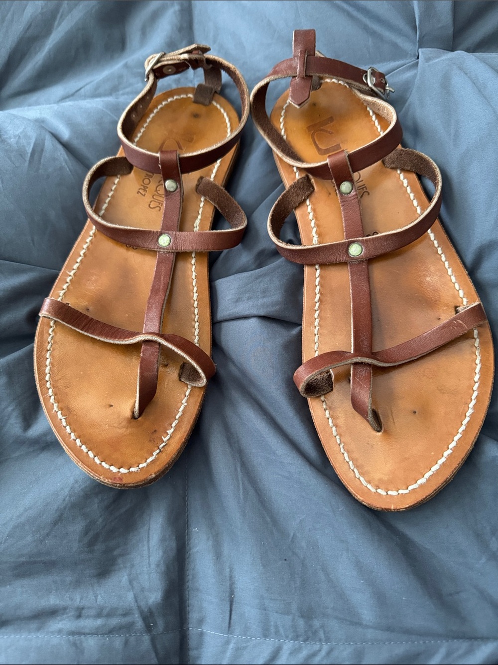 K.Jacques Brown Leather T-Strap Women's Sandals